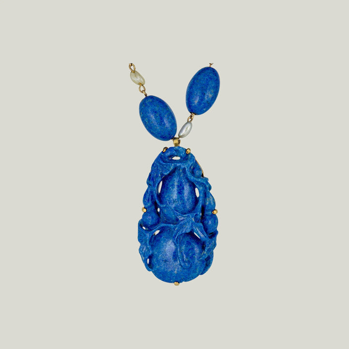 Lapis Lazuli and Pearl Bead Necklace with Carved Lapis Squash Blossom Pendant