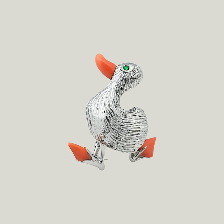 1970s 18KWG and Coral Duck Pendant Pendant Brooch