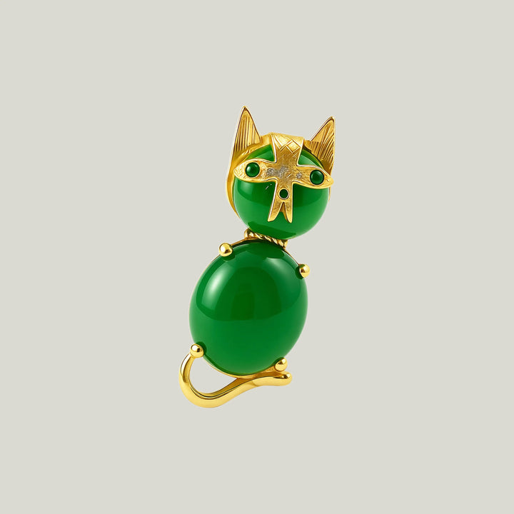 1970s 14KYG Nephrite Cat Brooch