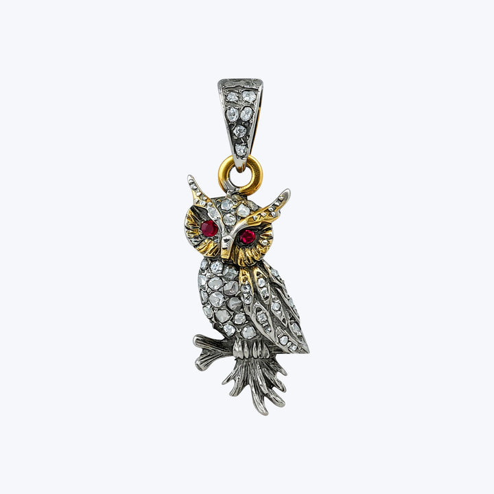 Victorian Gold on Silver Diam, Ruby Owl Pendant