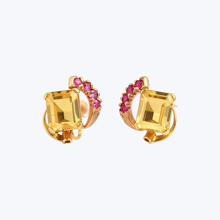 1950s 14KYG Yellow Sapphire and Ruby "Volutes" Earrings