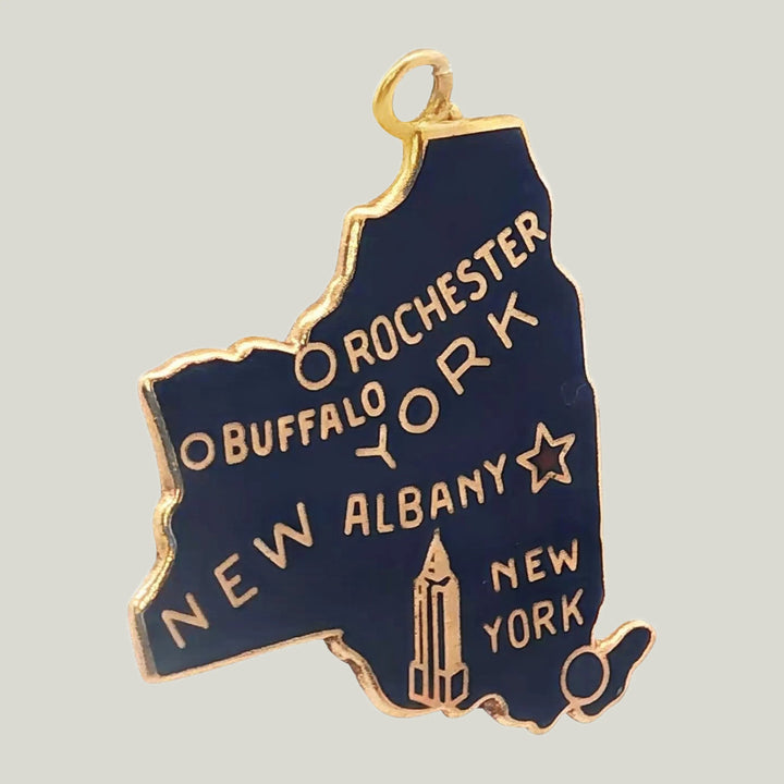1970's NY state Charm in 14k Yellow Gold and blue enamel