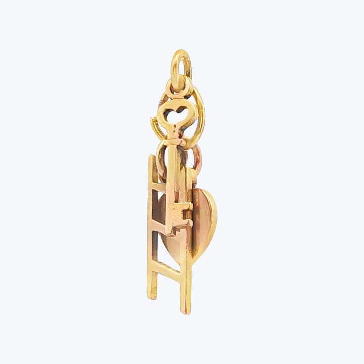 1950's Lucky 3 Heart Ladder and Key Charms in 14k Yellow Gold