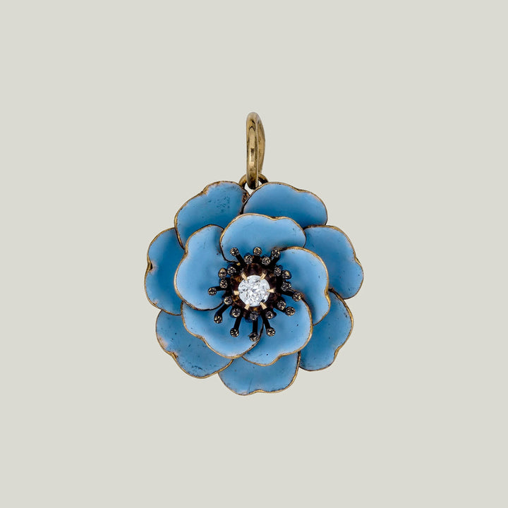 14KYG Blue Enamel 0.045 ct. Diamond Flower Pendant