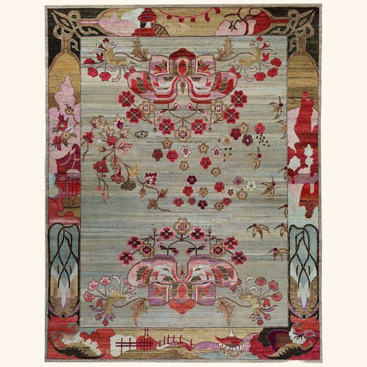 Pink Grey Alchemy Traditional Silk Wool Blend Rug - 8' x 10'5"