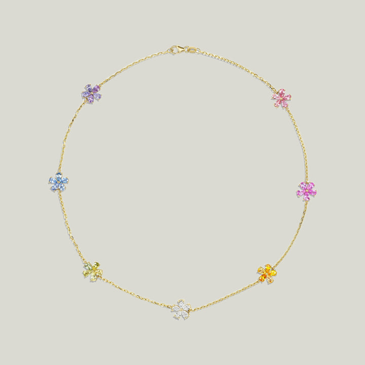 Mini 7 Motif Forget-Me-Not Rainbow Sapphire & Diamond Neckace