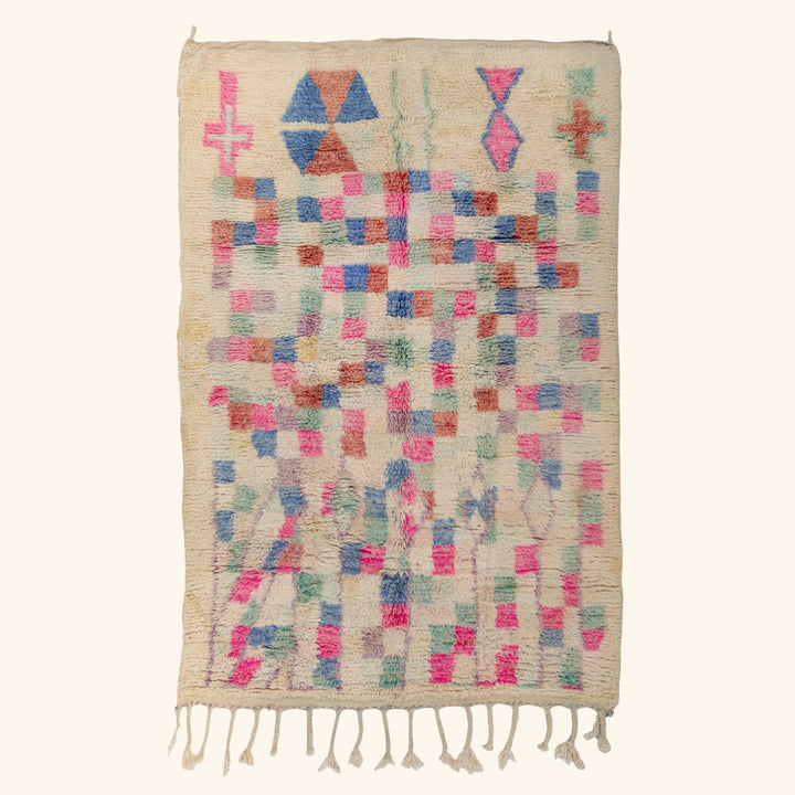 Ivory Multicolored Moroccan Berber Wool Rug - 4'11" x 8'6"
