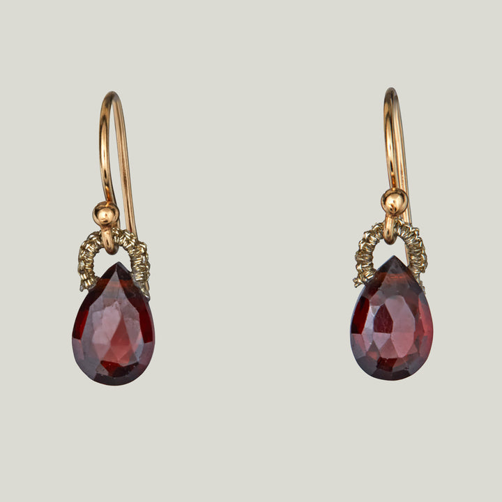 Woven Gold Cord Bale with Garnet Zircon Drop Small Earrings