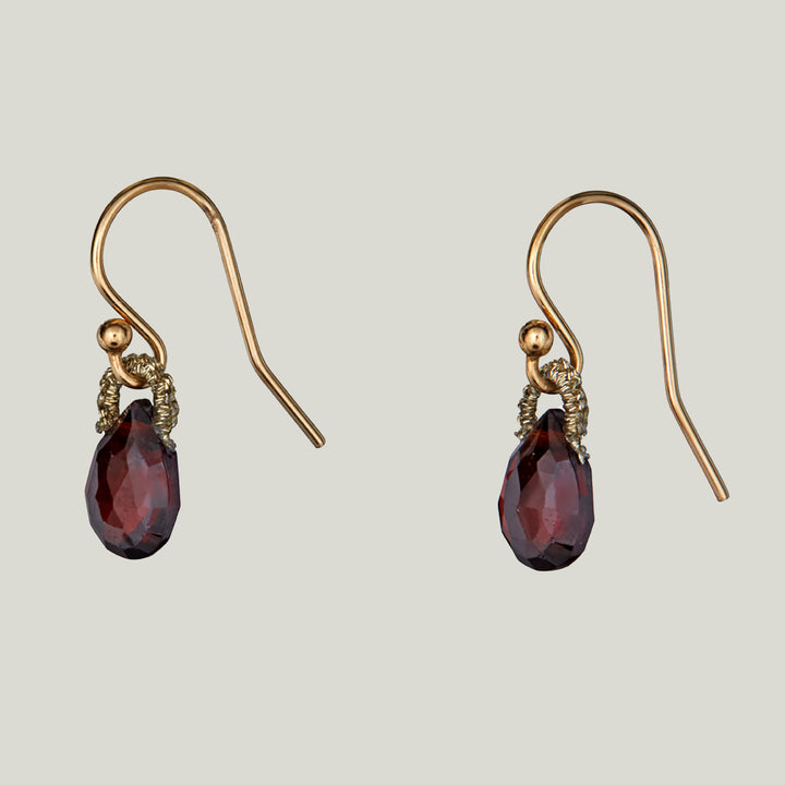 Woven Gold Cord Bale with Garnet Zircon Drop Small Earrings