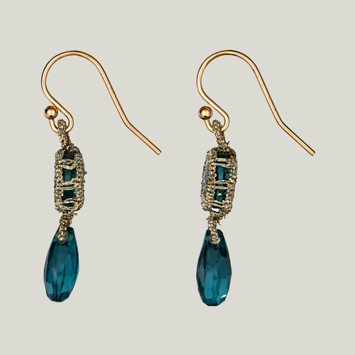 Caged Aquamarine Quartz with Gold Cord and Aquamarine Quartz Drop Earrings