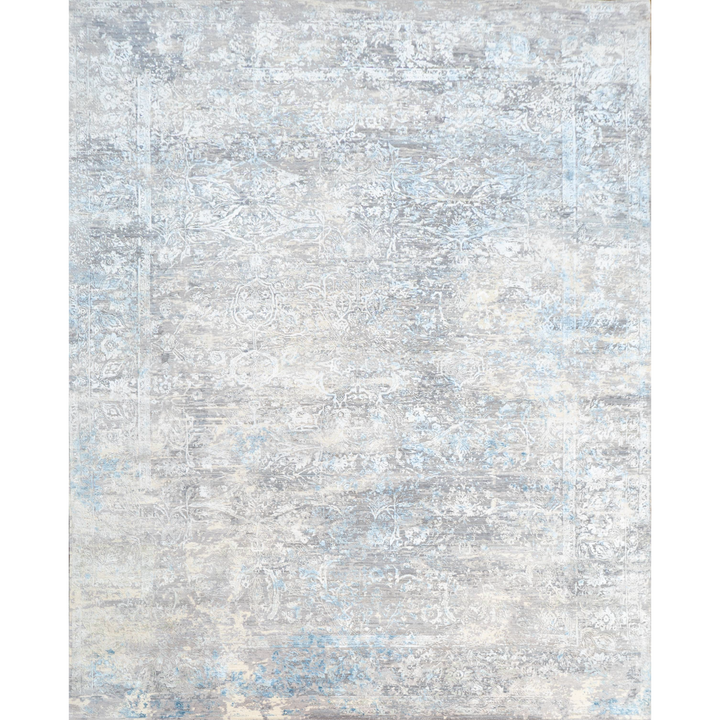 Ivory Teal Traditional Silk Wool Blend Rug - 9'10" x 13'9"
