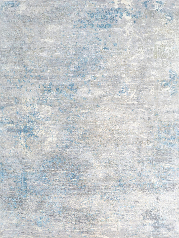 Ivory Teal Traditional Silk Wool Blend Rug - 9'10" x 13'9"