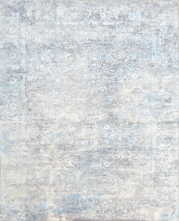 Ivory Teal Traditional Silk Wool Blend Rug - 9'10" x 13'9"