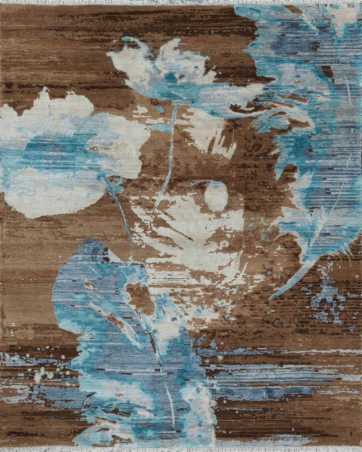 Blue & Brown Contemporary Wool Silk Blend Rug - 8' x 10'