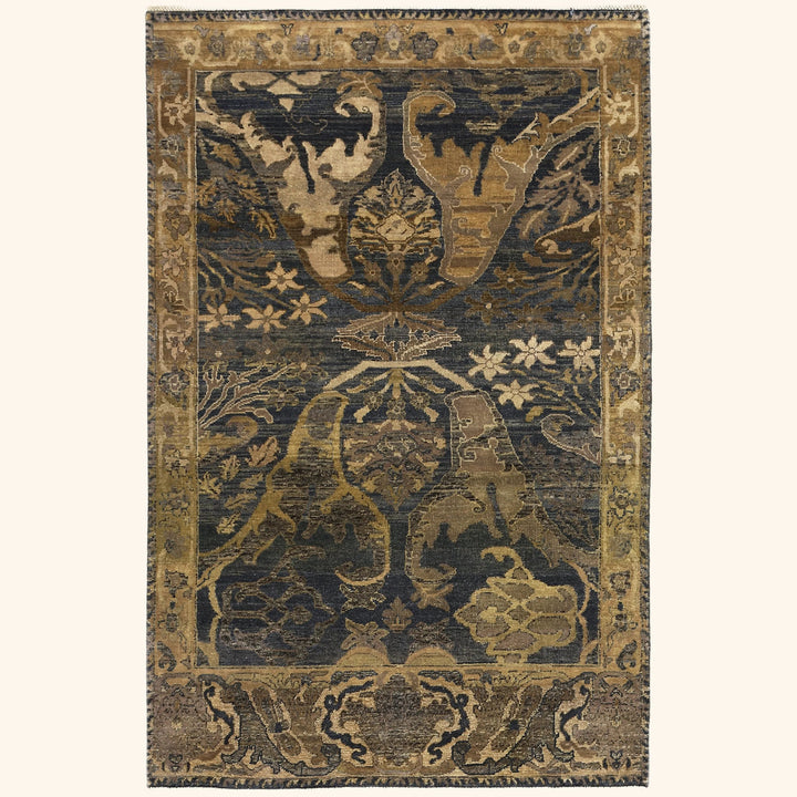 Dark Blue & Gold Alchemy Traditional Wool Rug - 4' x 6'4"