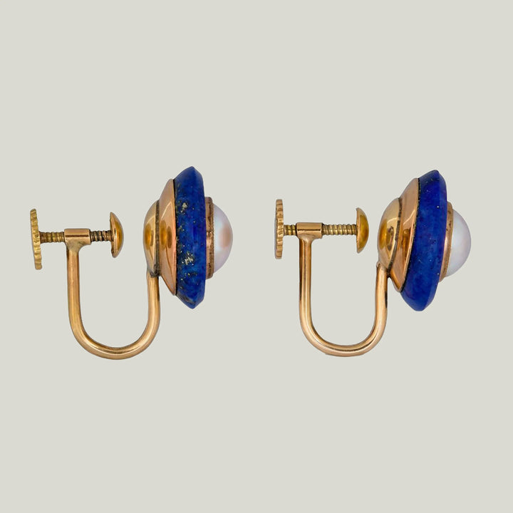 Image for 1950s 14KYG Lapis Lazuli, Cultured Pearl Earrings