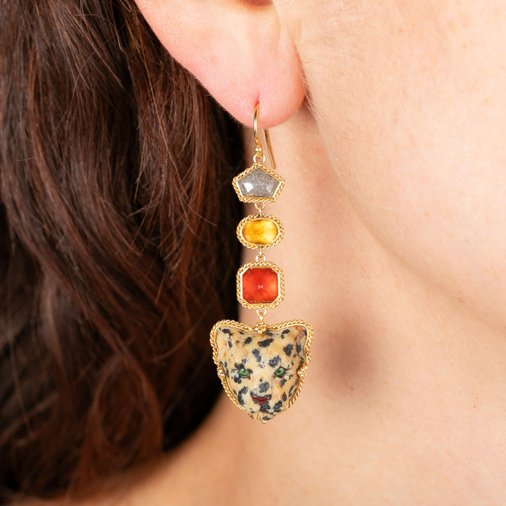 Image for Jasper Leopard Earrings with Fire Opal, Diamond, and Mandarin Garnet