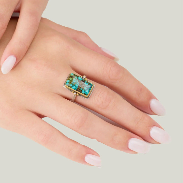 Image for Rectangle turquoise ring, 22k bezel, 2 diamonds