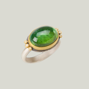 Image for Cabochon green tourmaline ring, 22k bezel, 6 diamonds - hover