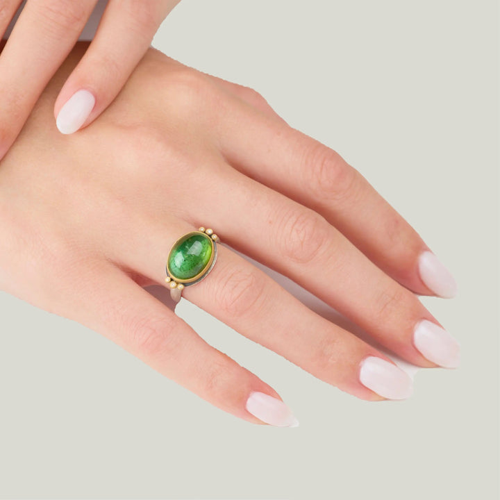 Image for Cabochon green tourmaline ring, 22k bezel, 6 diamonds