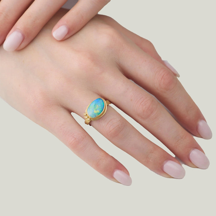 Image for Opal gold ring, 22k bezel, 18ky band, 3 diamonds