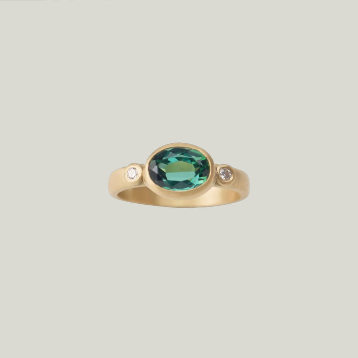 Image for Rosecut green tourmaline gold ring, 22k bezel, 18ky band, 2 diamonds