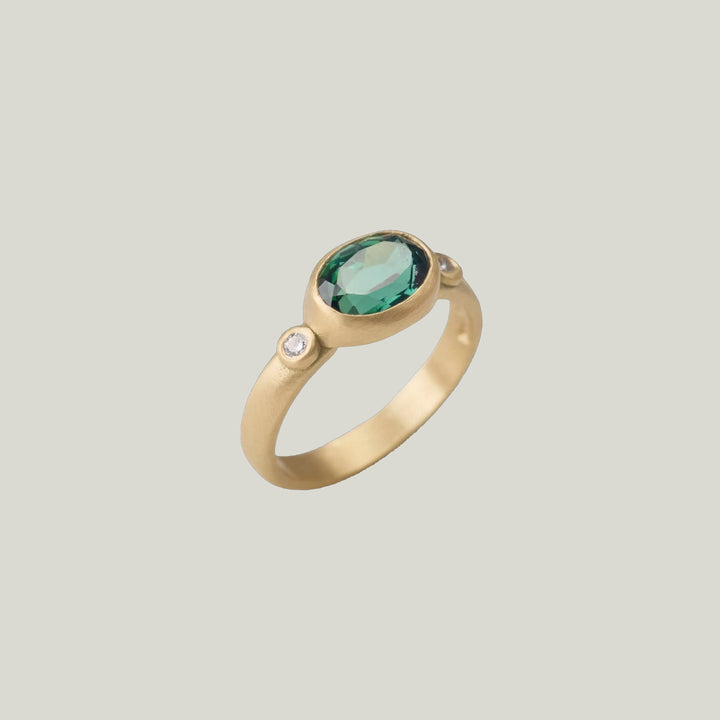 Image for Rosecut green tourmaline gold ring, 22k bezel, 18ky band, 2 diamonds