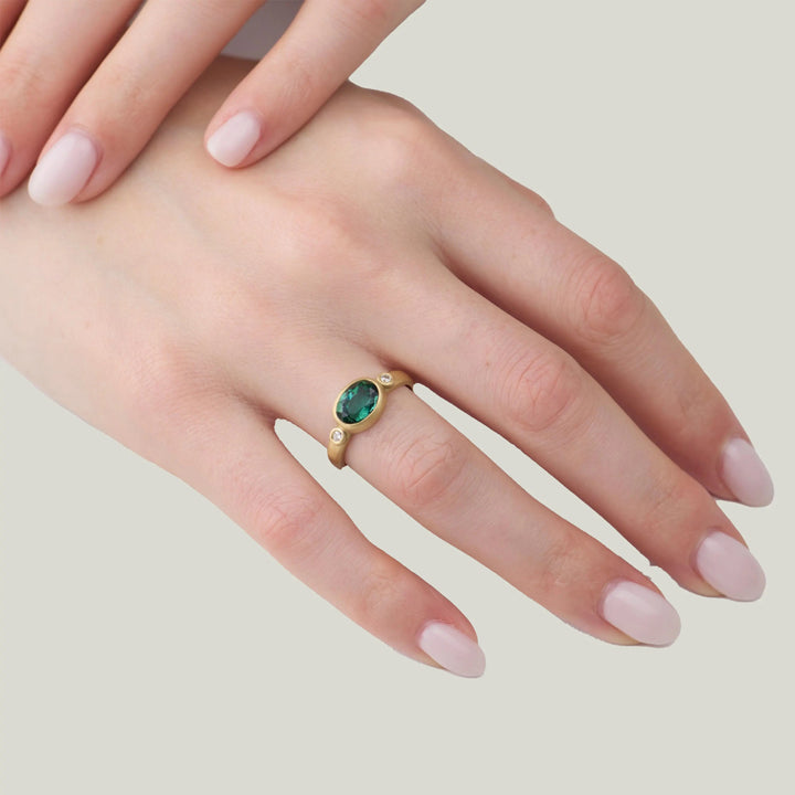 Image for Rosecut green tourmaline gold ring, 22k bezel, 18ky band, 2 diamonds