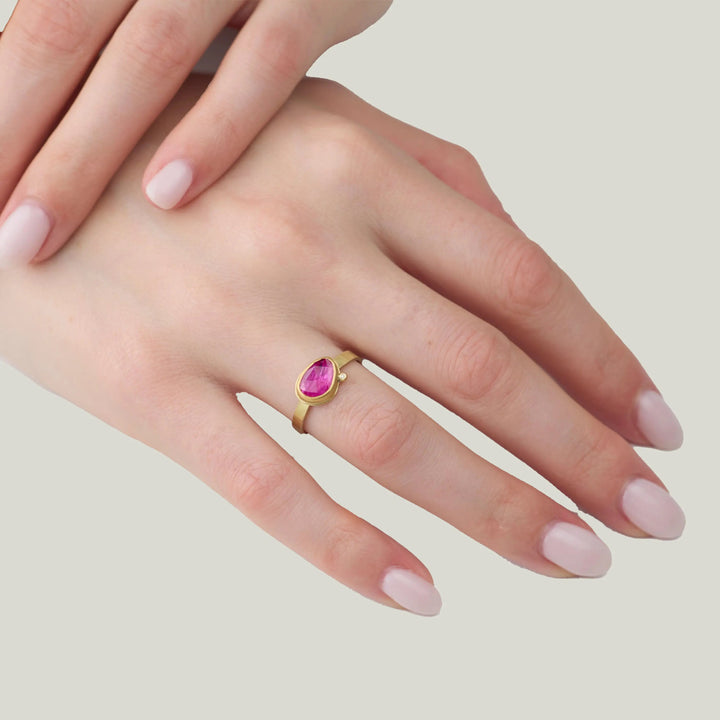 Image for Rosecut ruby gold ring, 22k bezel, 18ky band, 1 diamond