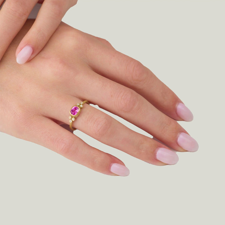 Image for Rosecut pink sapphire gold ring, 22k bezel, 18ky band, 6 diamonds