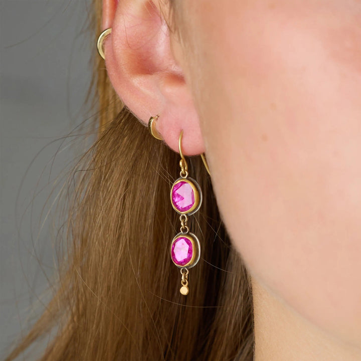 Image for Rosecut ruby double drop earring, 22k bezel, 18k earwire