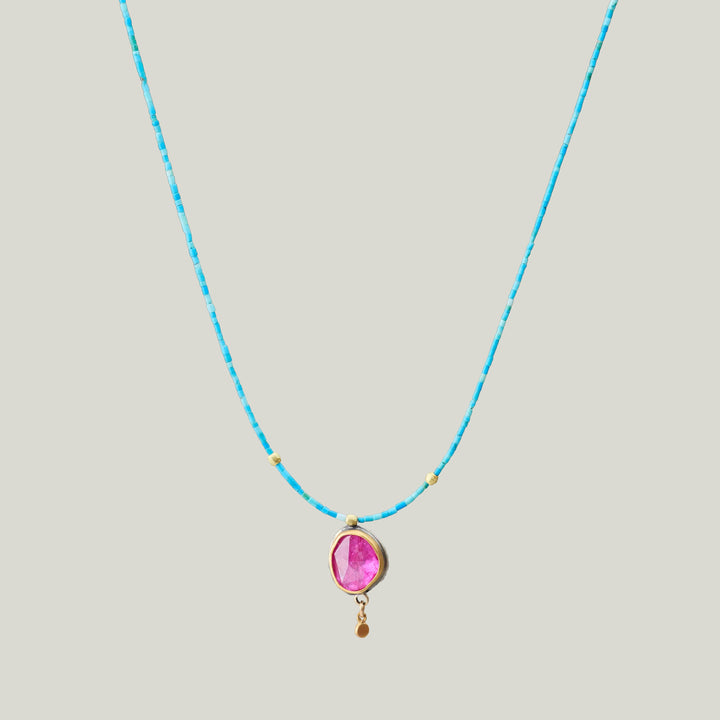 Image for Beaded tiny turquoise necklace, rose cut ruby pendant, 22k bezel & drop