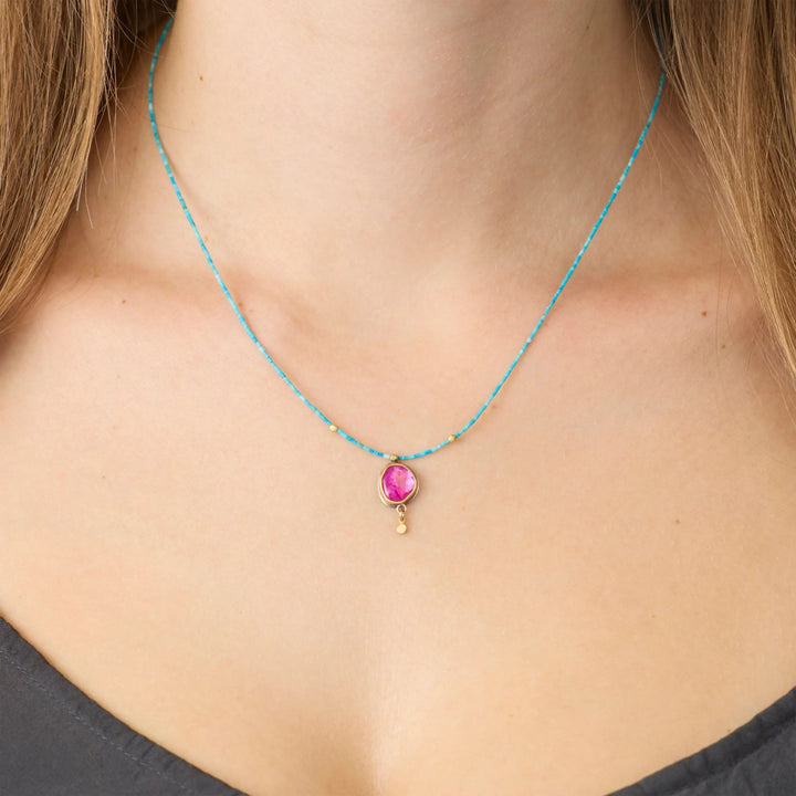 Image for Beaded tiny turquoise necklace, rose cut ruby pendant, 22k bezel & drop
