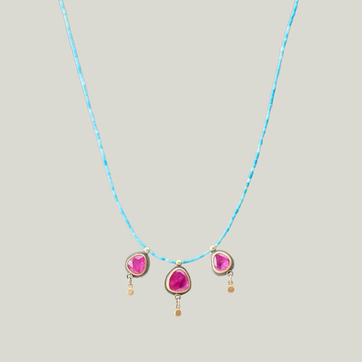 Image for Beaded tiny turquoise necklace, 3 rose cut ruby pendants, 22k bezel & drop