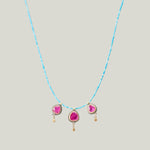 Image for Beaded tiny turquoise necklace, 3 rose cut ruby pendants, 22k bezel & drop