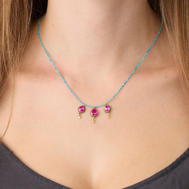 Image for Beaded tiny turquoise necklace, 3 rose cut ruby pendants, 22k bezel & drop