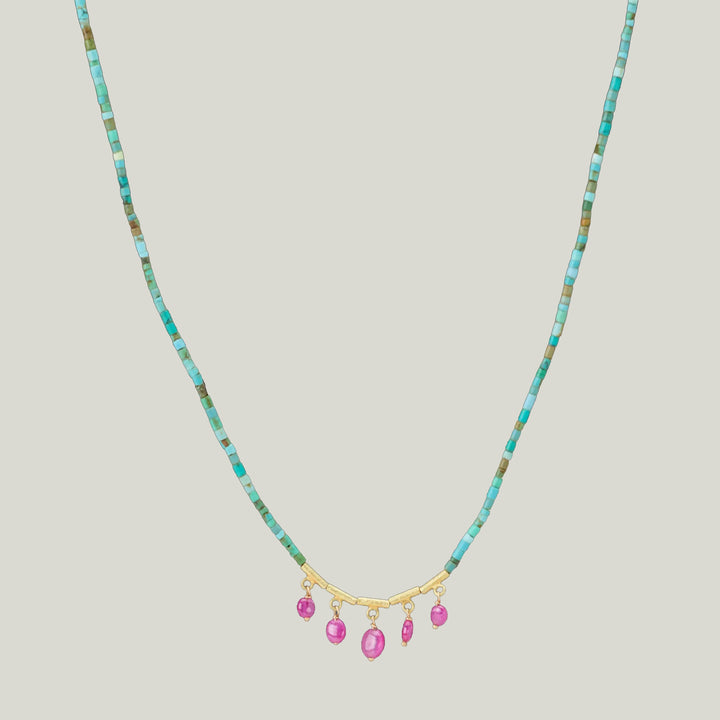 Image for Beaded green turquoise necklace, 20k beads, ruby fringe