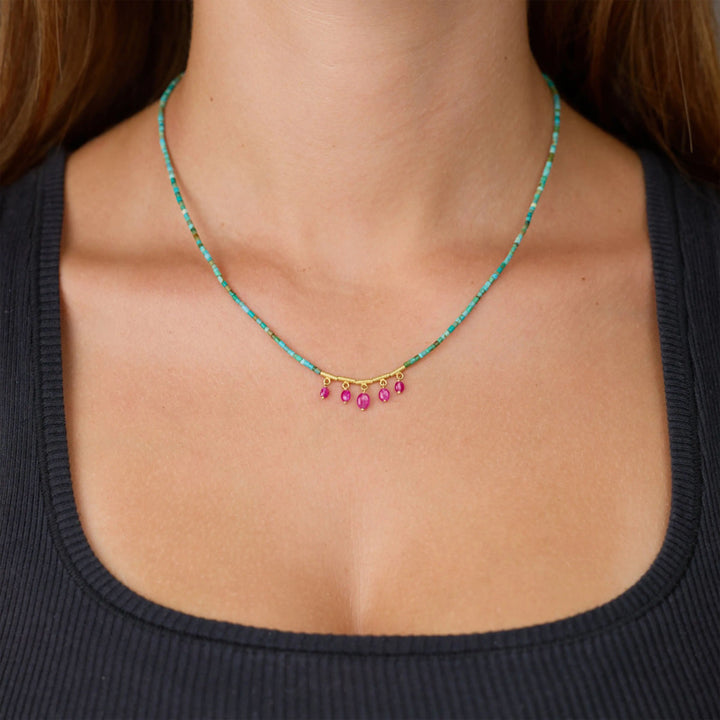 Image for Beaded green turquoise necklace, 20k beads, ruby fringe