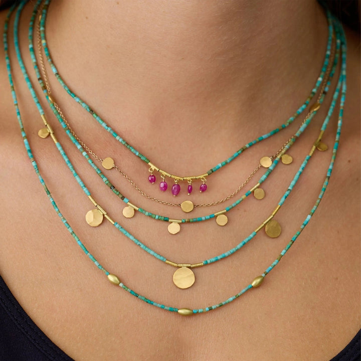 Image for Beaded green turquoise necklace, 20k beads, ruby fringe