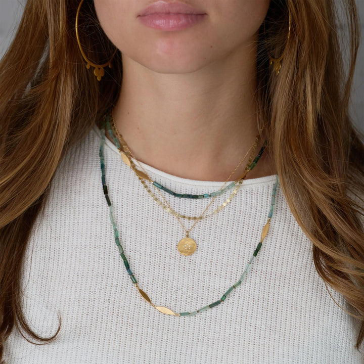 Image for Long beaded ombre blue/green tourmaline necklace, 22k leaf stations