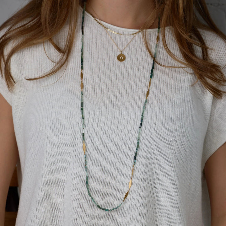 Image for Long beaded ombre blue/green tourmaline necklace, 22k leaf stations