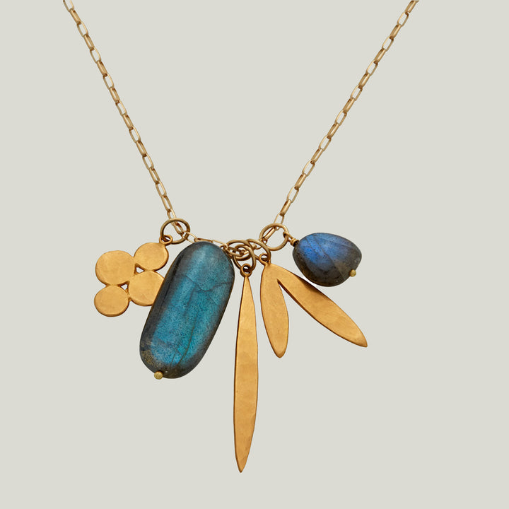 22K Yellow Gold Multi Charm Necklace with Labradorite Nuggets