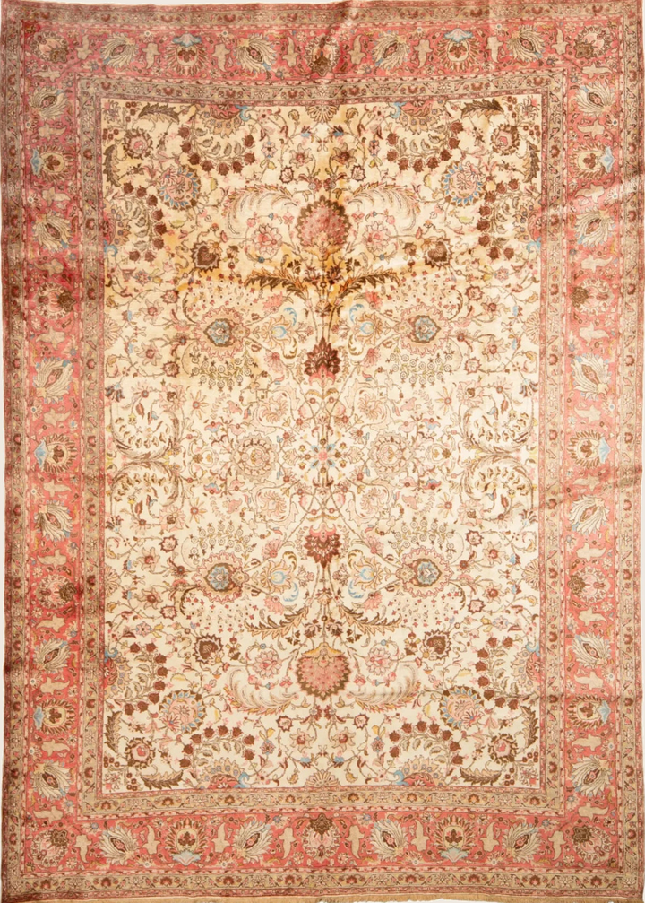 Red Cream Traditional Persian Tabriz Wool Rug - 9'4" x 13'