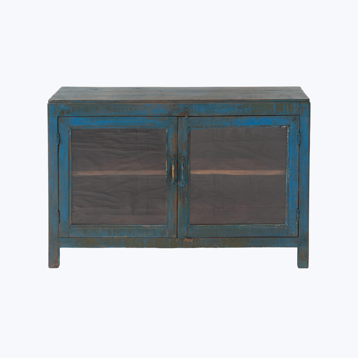 Vintage Blue Painted Glass-Front Small Media Cabinet