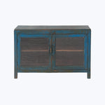 Vintage Blue Painted Glass-Front Small Media Cabinet