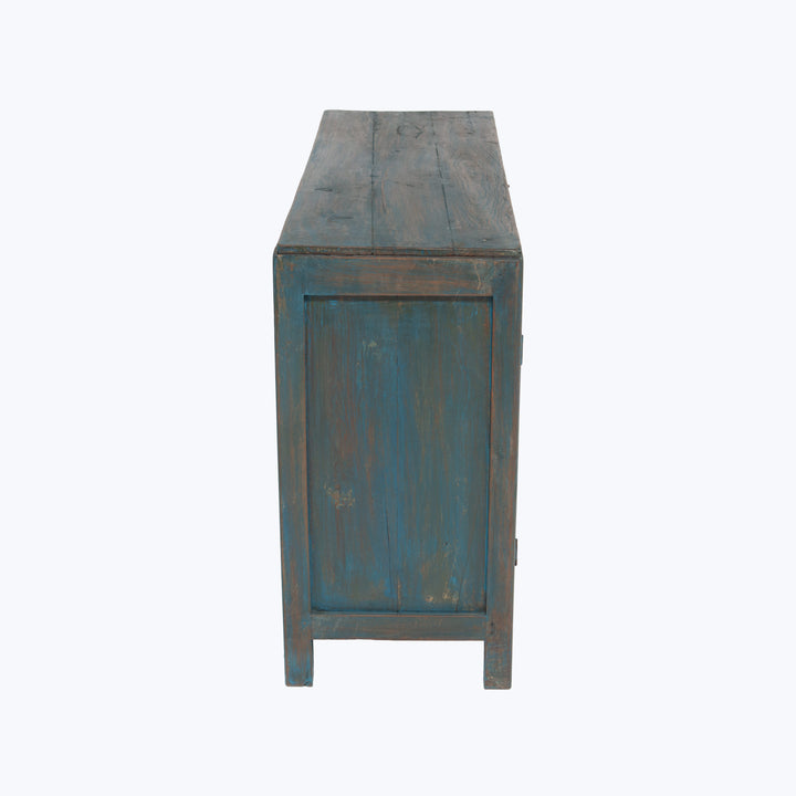 Vintage Blue Painted Glass-Front Small Media Cabinet