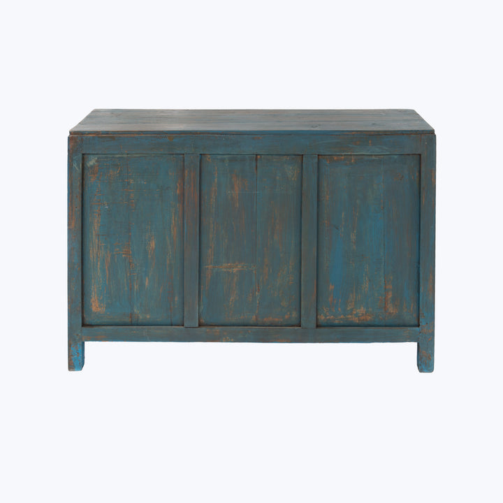 Vintage Blue Painted Glass-Front Small Media Cabinet