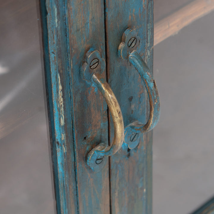 Vintage Blue Painted Glass-Front Small Media Cabinet