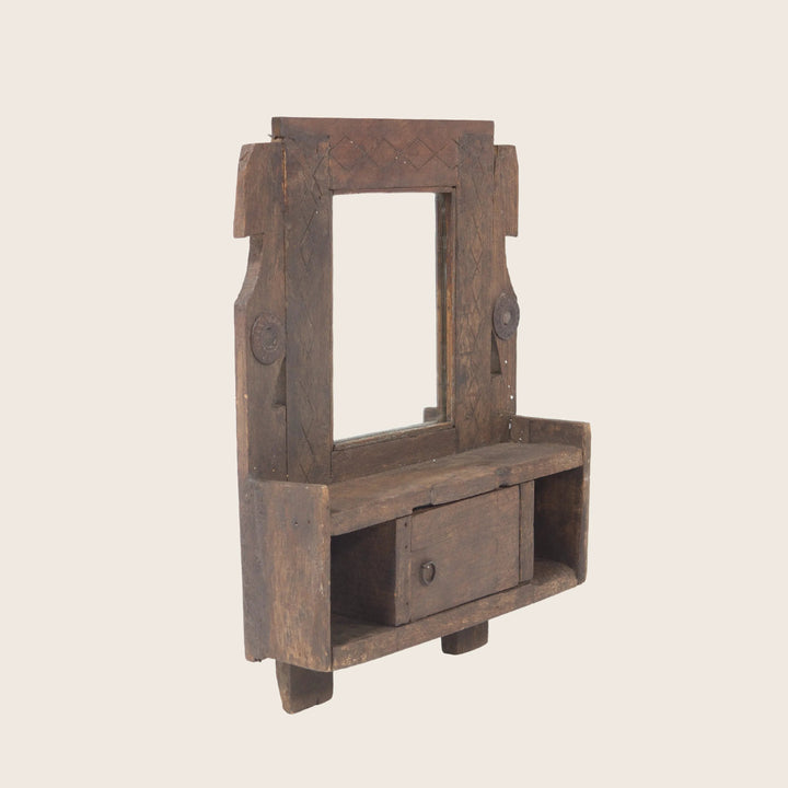 Vintage Wood Carved Hanging Valet Mirror
