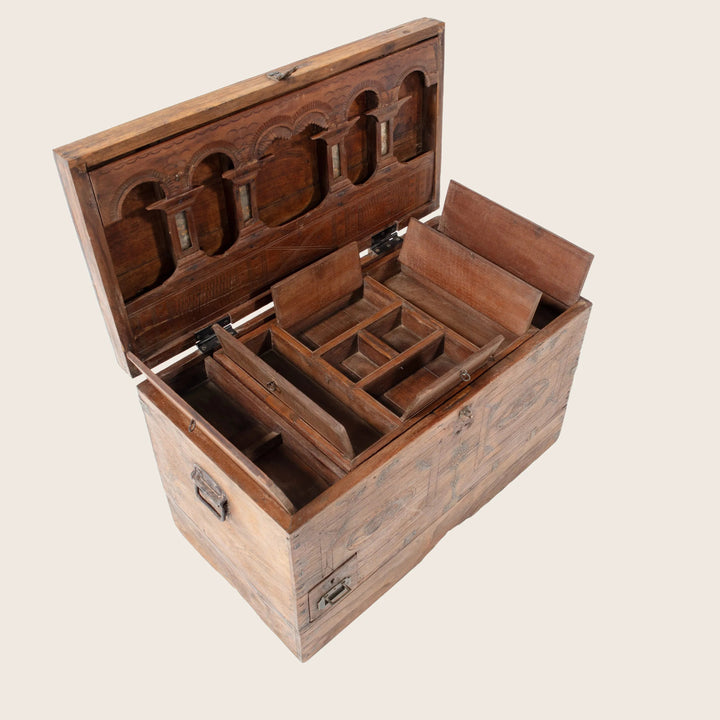 Vintage Carved Secret Compartment Trunk